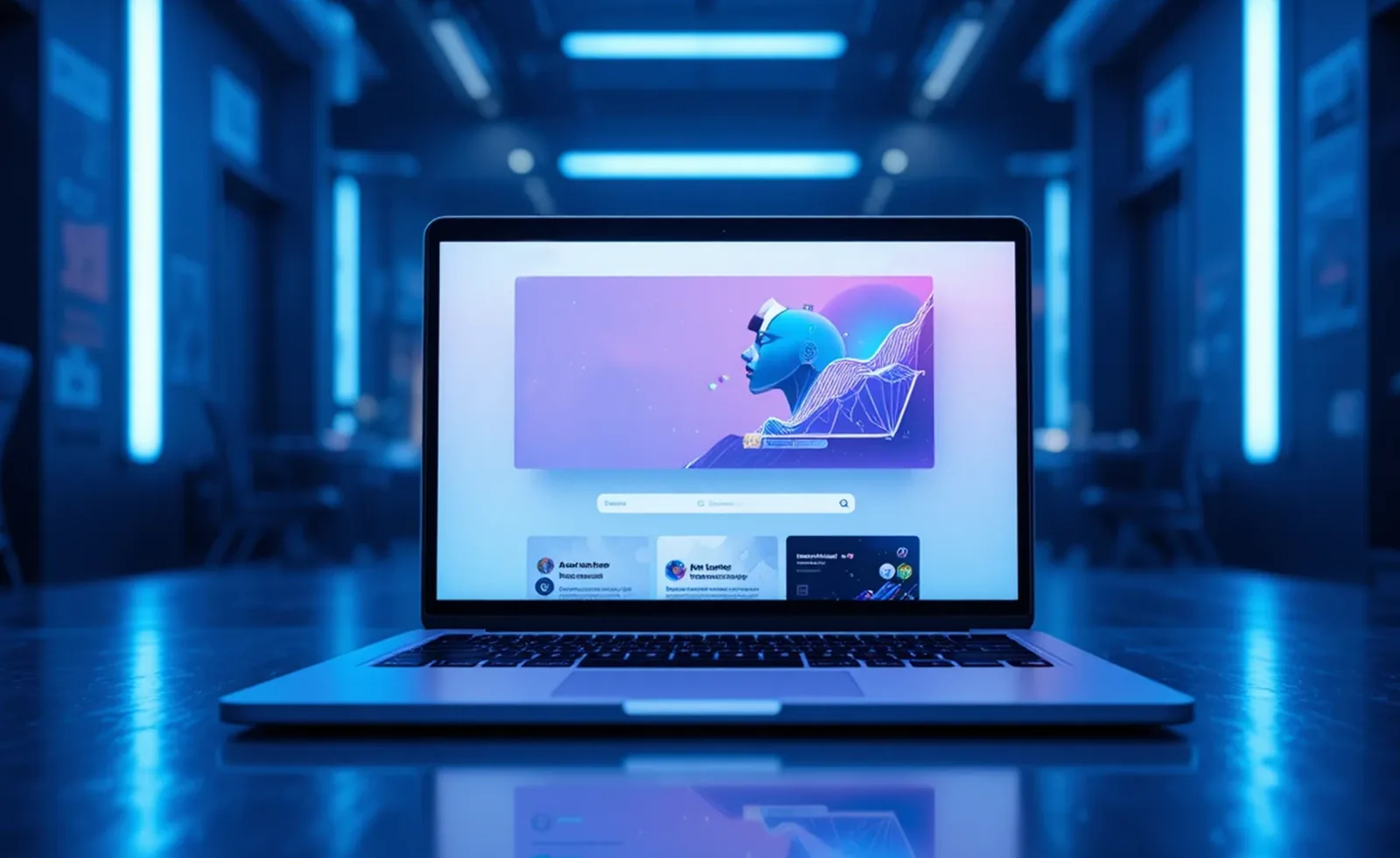 Portátil con una web de diseño moderno en un estudio iluminado con neones azules