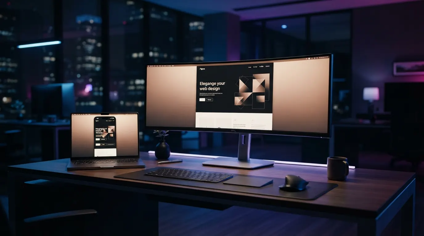 Escritorio de diseño con un monitor panorámico y un portátil mostrando una web profesional