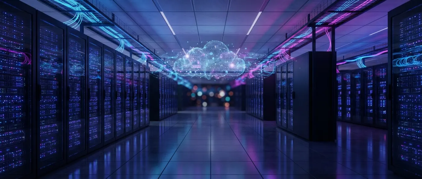 Pasillo de un centro de datos con servidores y una nube luminosa que representa el hosting con SSL y copias de seguridad