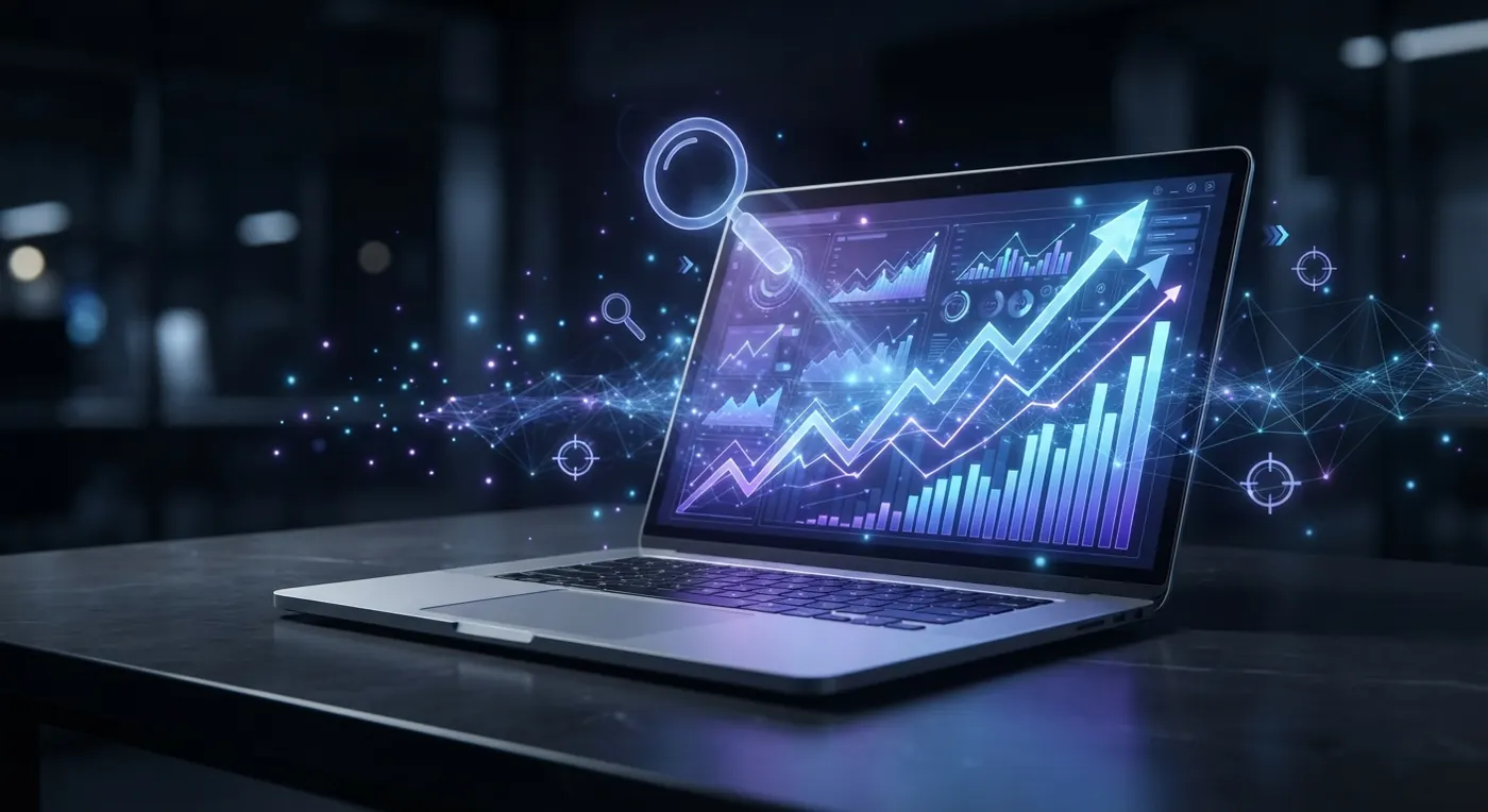 Portátil con gráficas de crecimiento y una lupa que representan el posicionamiento SEO local