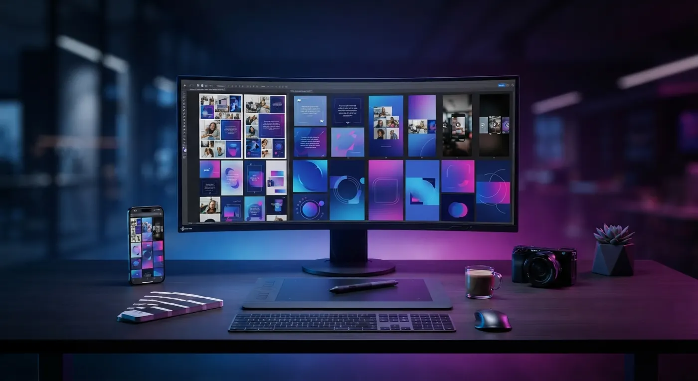 Monitor panorámico con un tablero de identidad visual, junto a un móvil y una cámara sobre un escritorio creativo